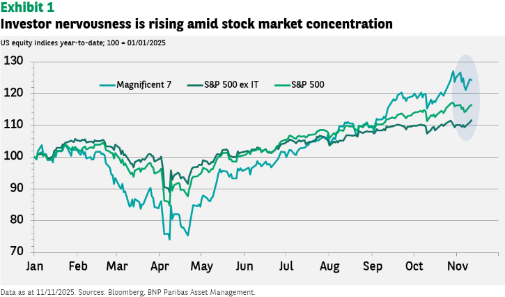 A line graph titled "Investor nervousness is rising amid stock market concentration" shows US equity indices year-to-date, with 100 representing January 1, 2025. The graph plots three lines: "Magnificent 7" (teal), "S&P 500 ex IT" (dark green), and "S&P 500" (light green) from January to November 2025. All three indices start at 100 in January, dip in March and April, then recover and rise steadily from May. In November, the "Magnificent 7" index is the highest, reaching above 120, followed by "S&P 500" which is around 115, and "S&P 500 ex IT" which is slightly below 115. A light gray oval highlights the divergence of the lines in November, with the "Magnificent 7" showing significantly higher performance.